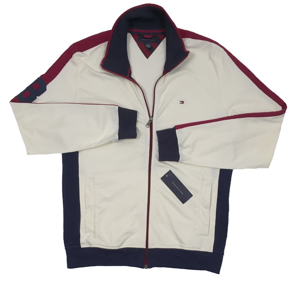 NEW Vintage Tommy Hilfiger Knit Track Athletic Jacket! Creme Navy Maroon Flag